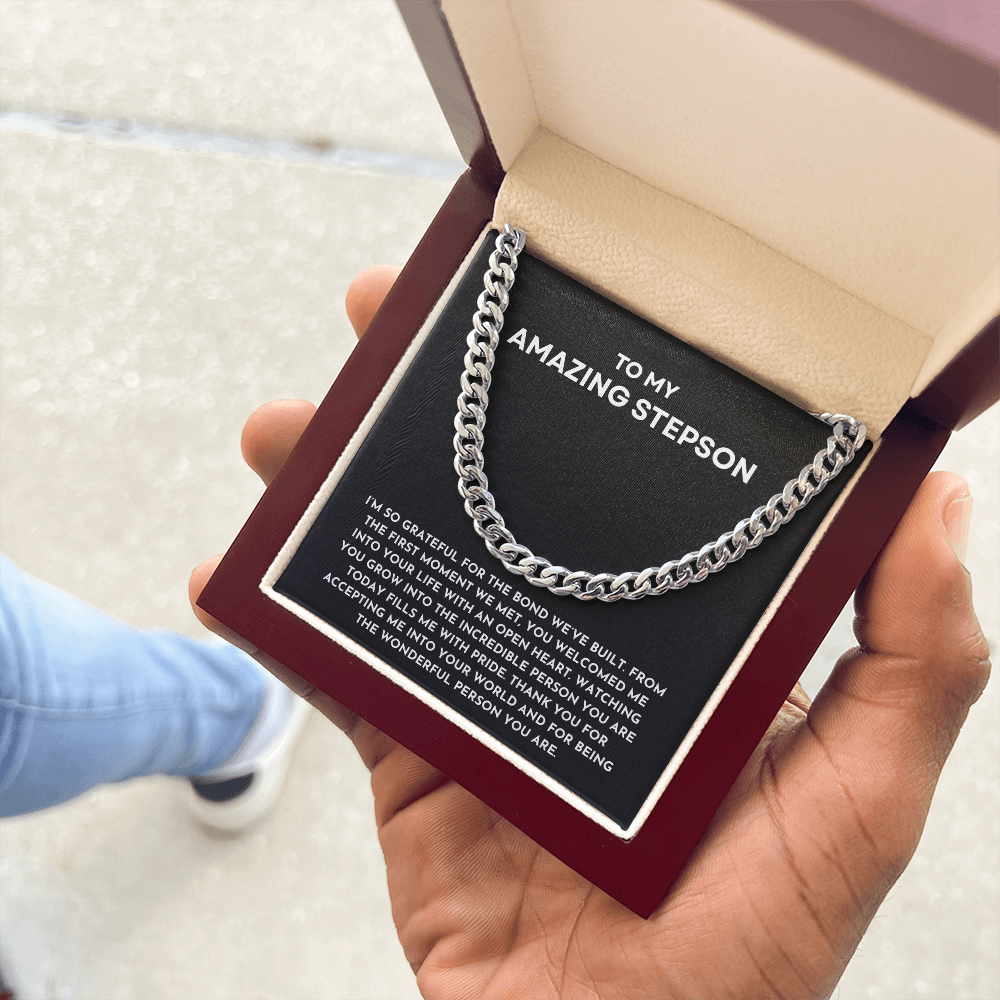 To My Amazing Stepson Cuban Link Chain | Heartfelt Birthday, Christmas, or Bonus Son Keepsake