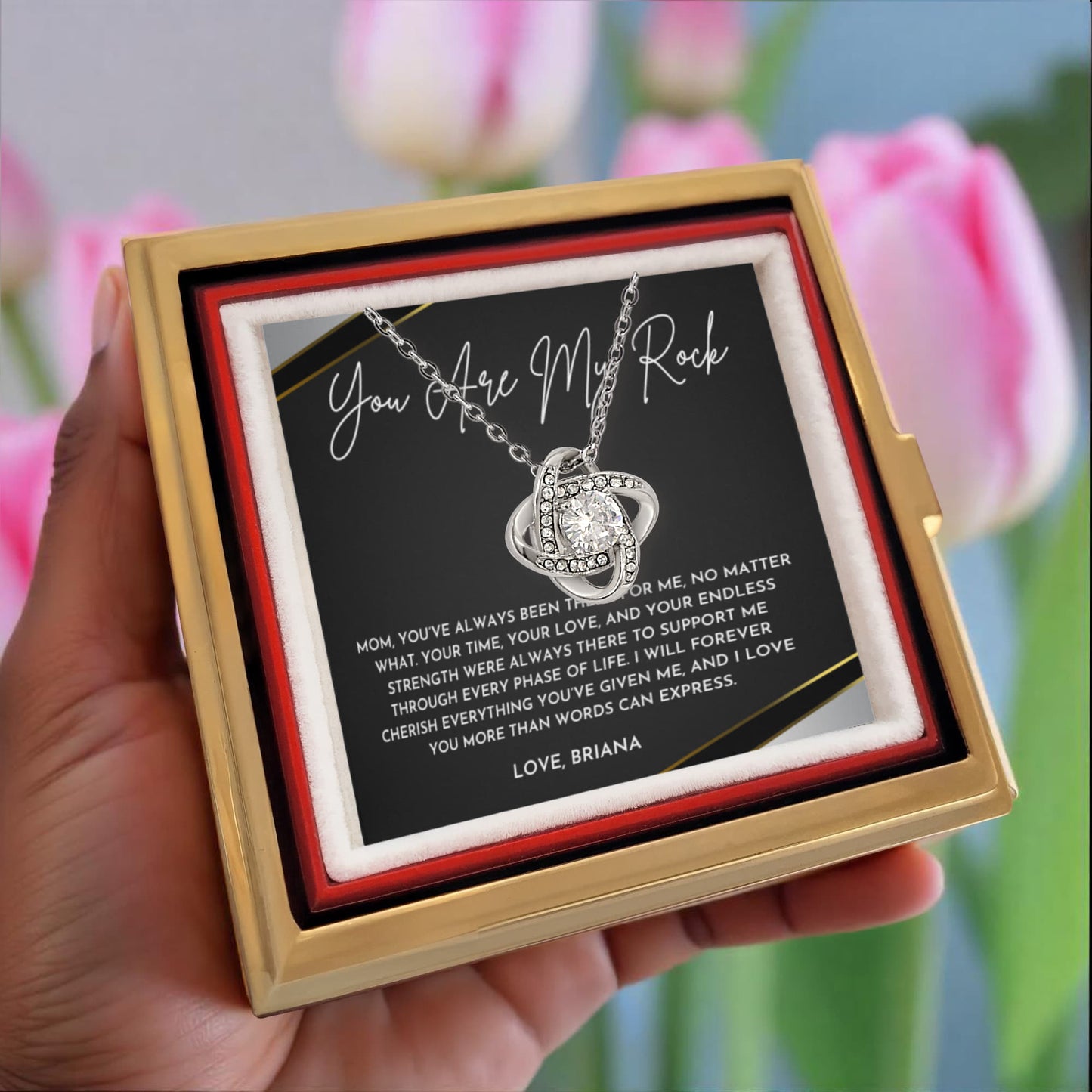 Mom, You Are My Rock Necklace- Rotating Rose Box