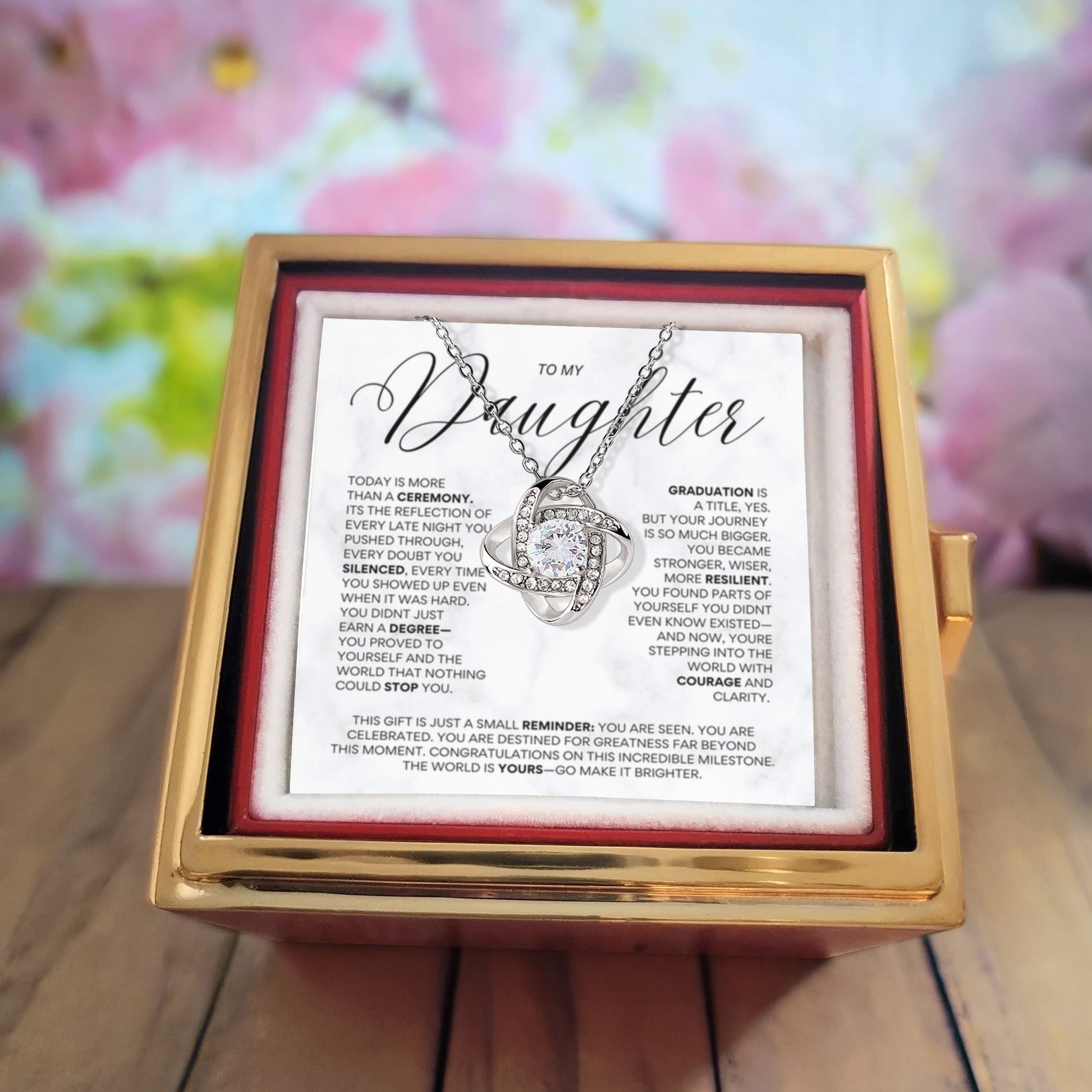 Graduation necklace gift for daughter with inspirational marble message card in rotating rose gift box

