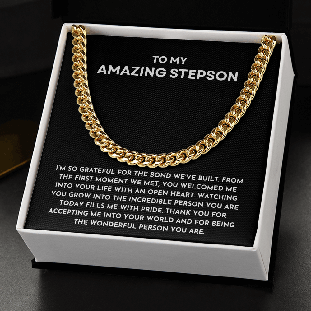 To My Amazing Stepson Cuban Link Chain | Heartfelt Birthday, Christmas, or Bonus Son Keepsake