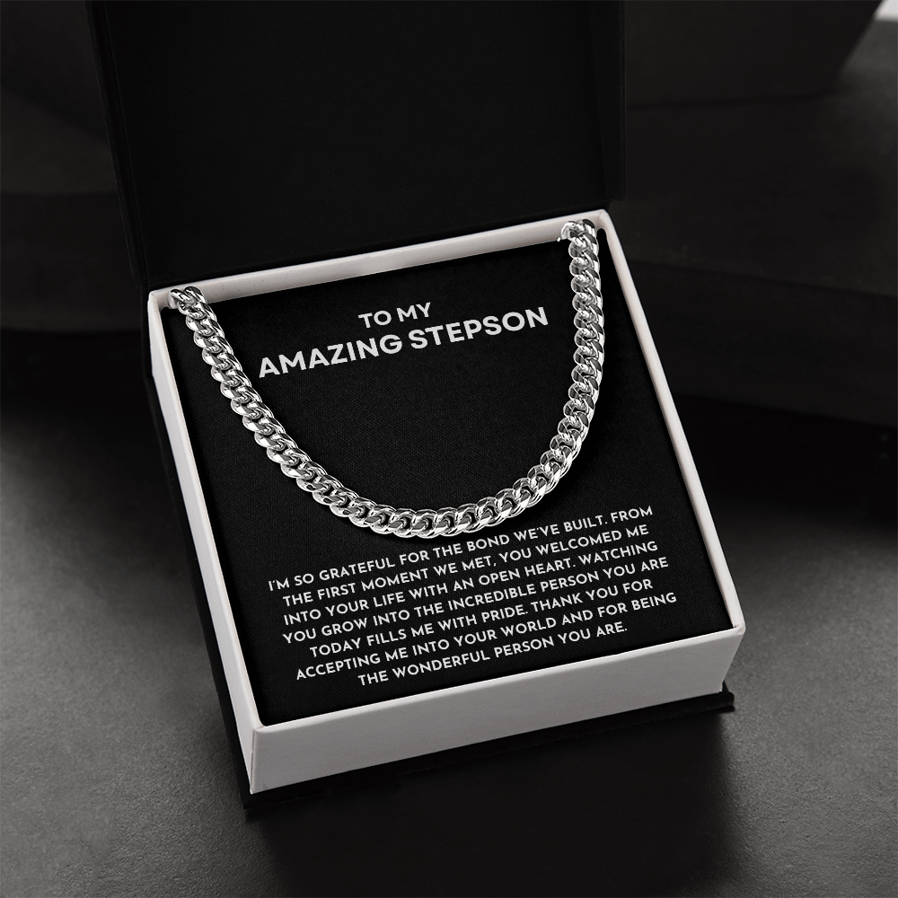 To My Amazing Stepson Cuban Link Chain | Heartfelt Birthday, Christmas, or Bonus Son Keepsake