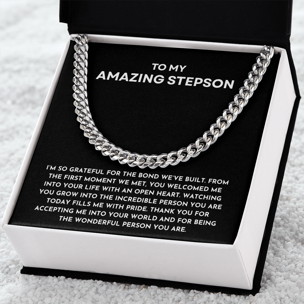 To My Amazing Stepson Cuban Link Chain | Heartfelt Birthday, Christmas, or Bonus Son Keepsake