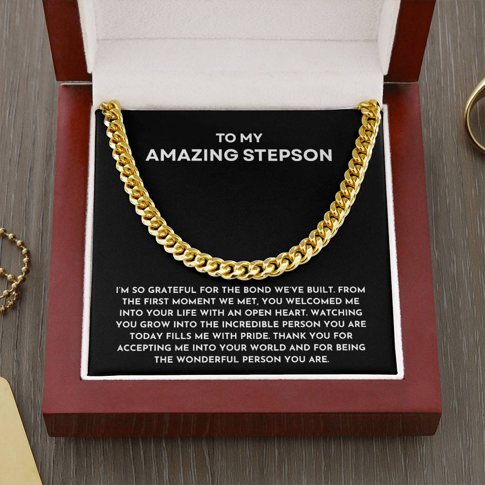 To My Amazing Stepson Cuban Link Chain | Heartfelt Birthday, Christmas, or Bonus Son Keepsake