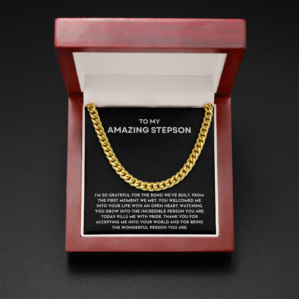 To My Amazing Stepson Cuban Link Chain | Heartfelt Birthday, Christmas, or Bonus Son Keepsake