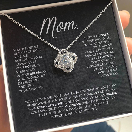 Mother’s Day Love Knot Necklace – "You Carried Me Before You Held Me"