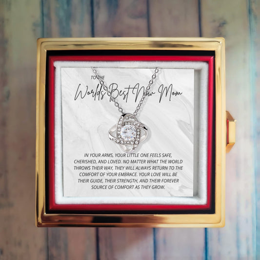 To The Worlds Best New Mom Necklace- Rotating Rose Box