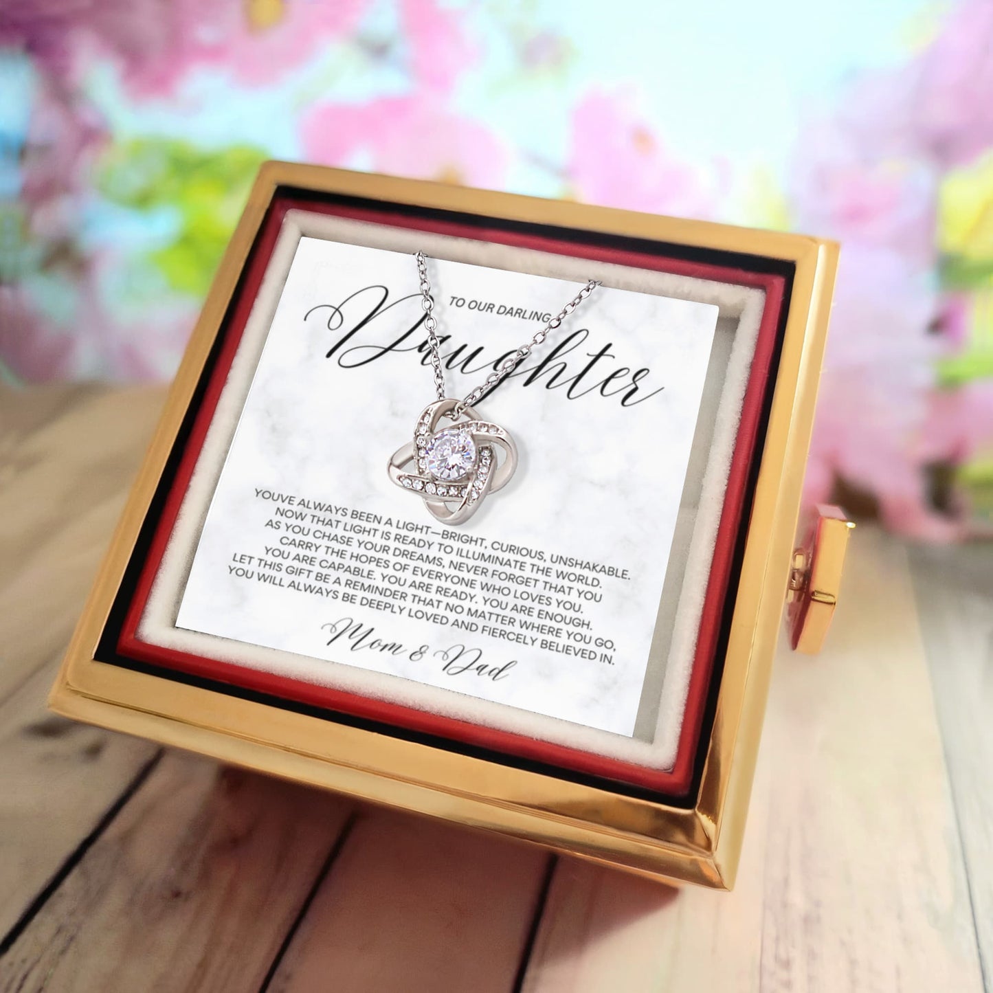 Graduation Necklace Gift for Daughter from Mom and Dad | Love Knot Box
