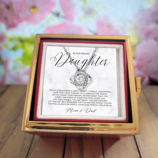 Graduation Necklace Gift for Daughter from Mom and Dad | Love Knot Box