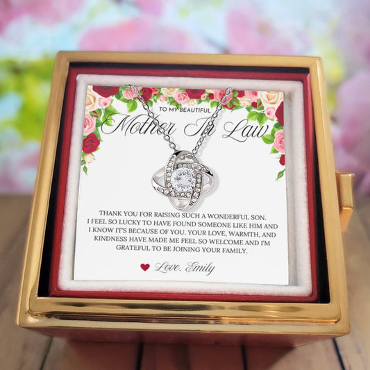 Personalized wedding day necklace gift for mother-in-law from bride with floral message card
