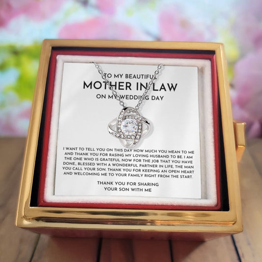 Elegant wedding day necklace gift with heartfelt message card for mother-in-law from bride

